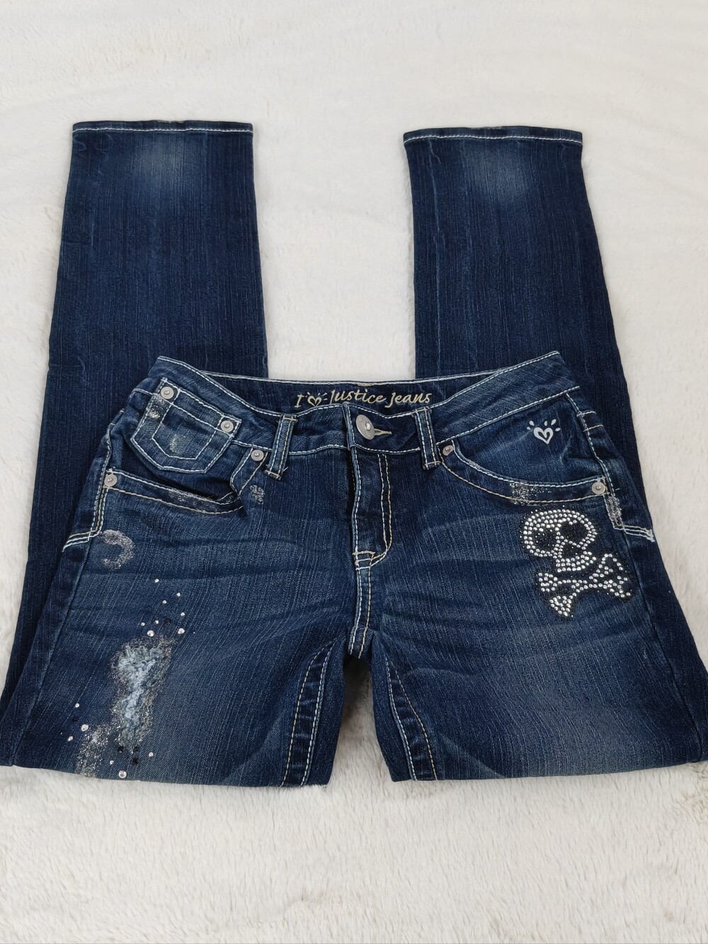 Y2K Justice Rhinestone Skull Skinny Jeans L(14R) Dark Wash